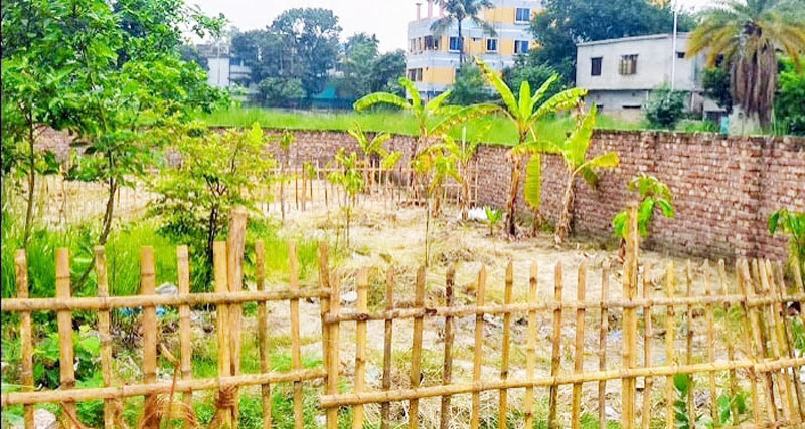 রাজশাহীতে  ইটের প্রাচীরের ভেতর বাঁশের বেড়া দিয়ে জমি দখল