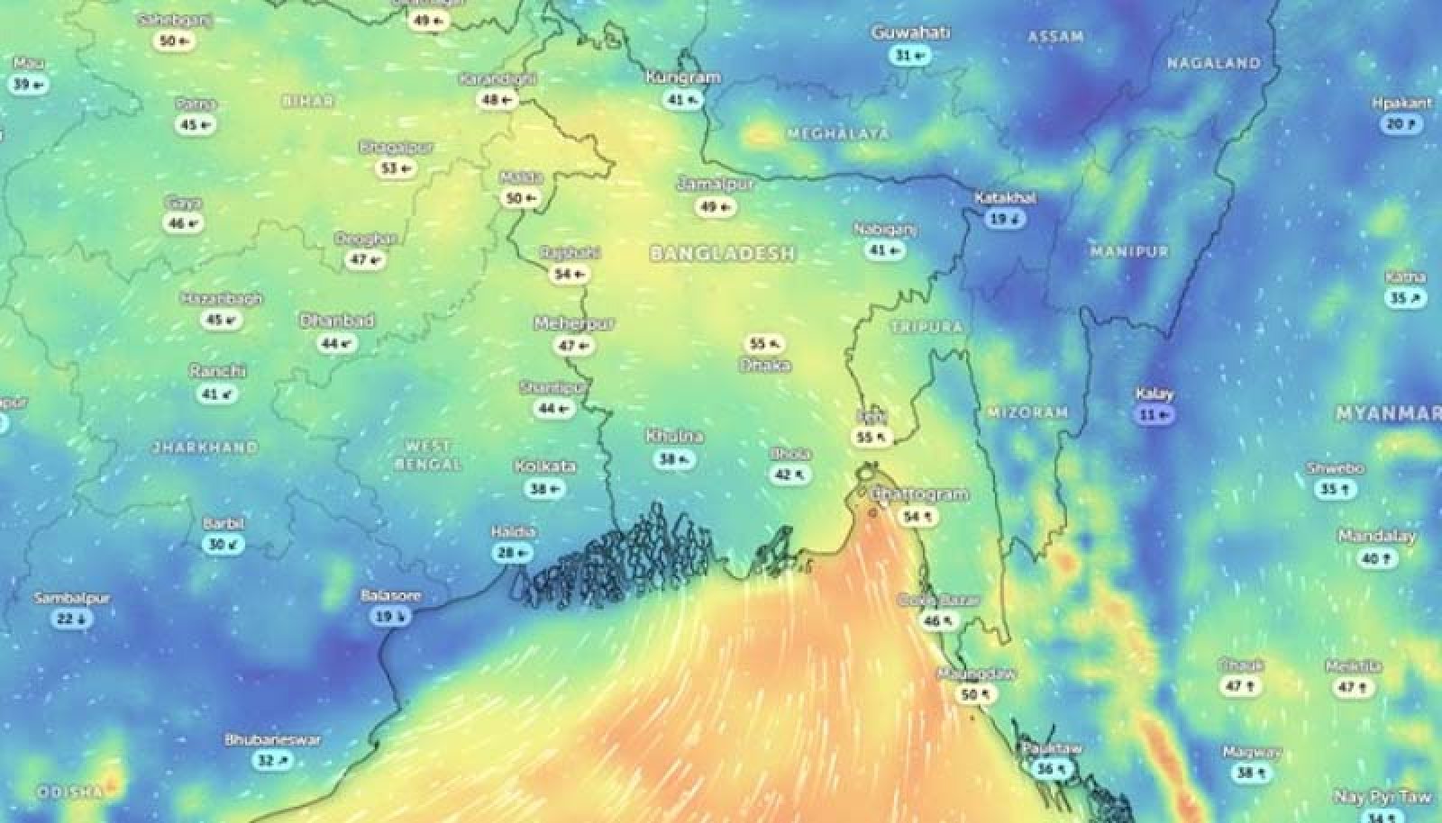মোংলা থেকে ২৮৫ কি.মি. দূরে নিম্নচাপ,   বাতাসের গতিবেগ বৃদ্ধি পাচ্ছে