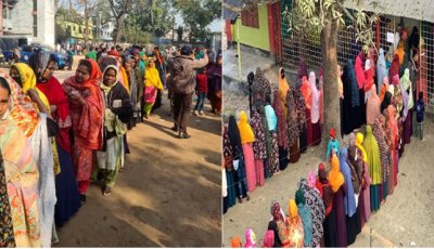 রাজশাহীতে উৎসবমুখর পরিবেশে ভোটগ্রহণ শুরু,  কেন্দ্রে কেন্দ্রে দীর্ঘ লাইন